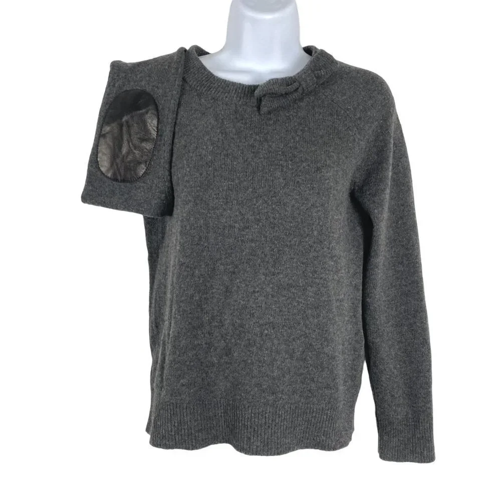 Kate Spade Sweater‎ Bow Wool Gray Black Sheep Leather Elbow Patch Women's XS
